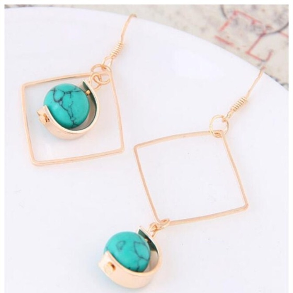 Turquoise Ball Inlaid Dangling Square Earrings - Picture 2 of 5